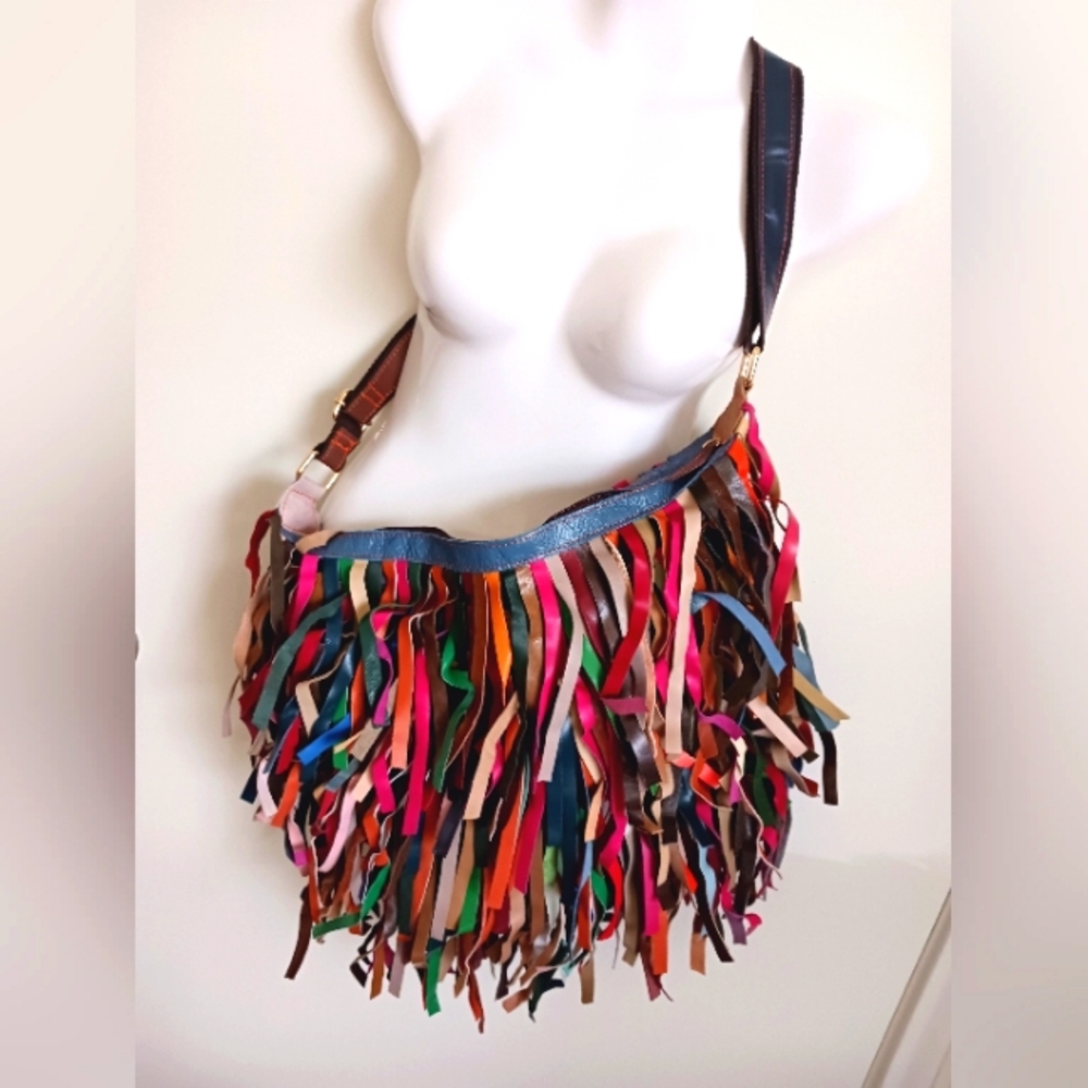 GENUINE LEATHER Fringe Shoulder Bag / Crossbody Multicolor New!